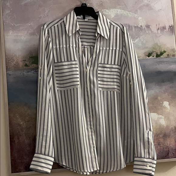 Express Black and White Striped Portofino Shirt - Picture 1 of 2